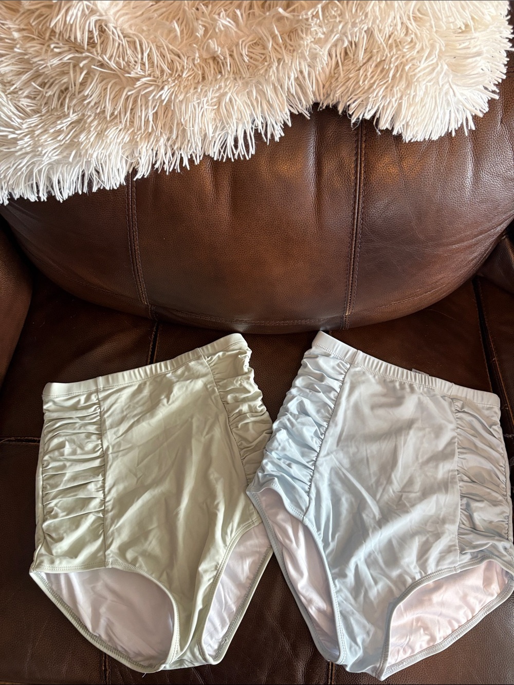 High-Waist Ruched Bikini Bottoms — Sage & Light Blue